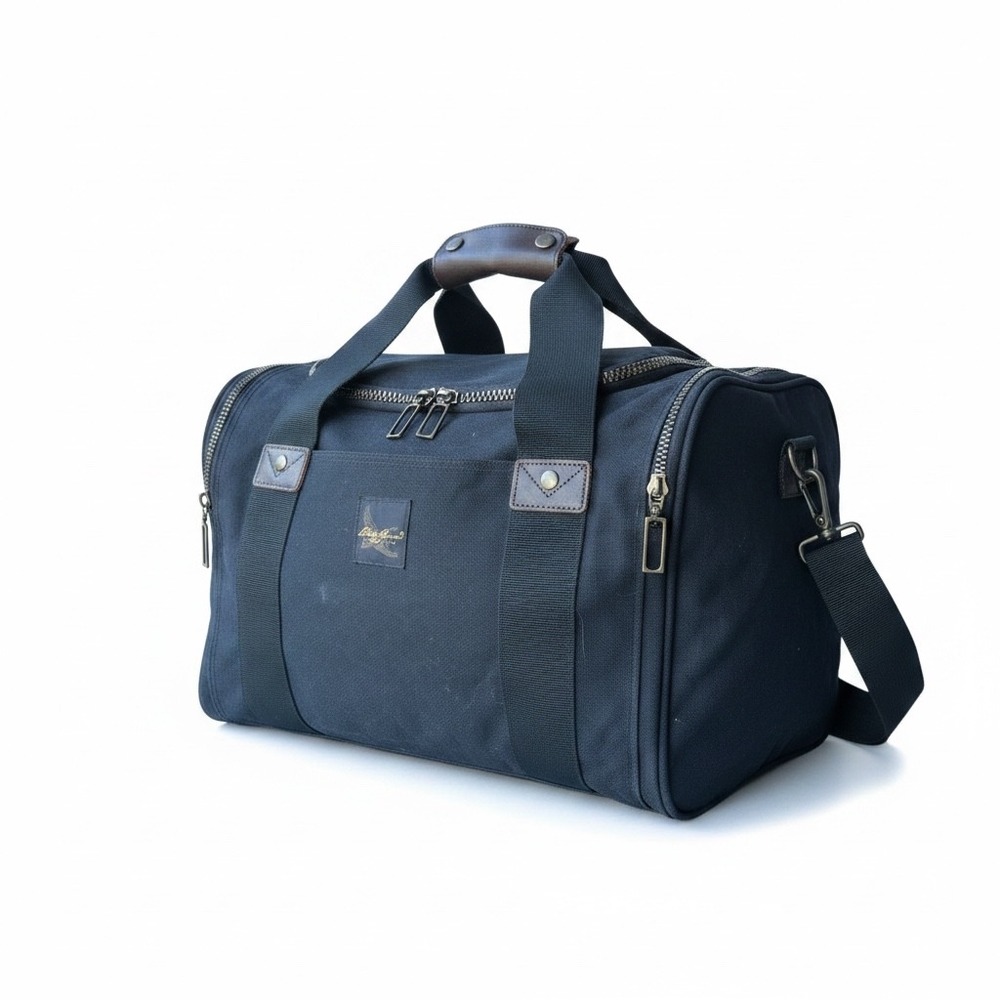 Eddie Bauer Black Canvas Duffle Bag Leather Trim Heritage Travel Weekender